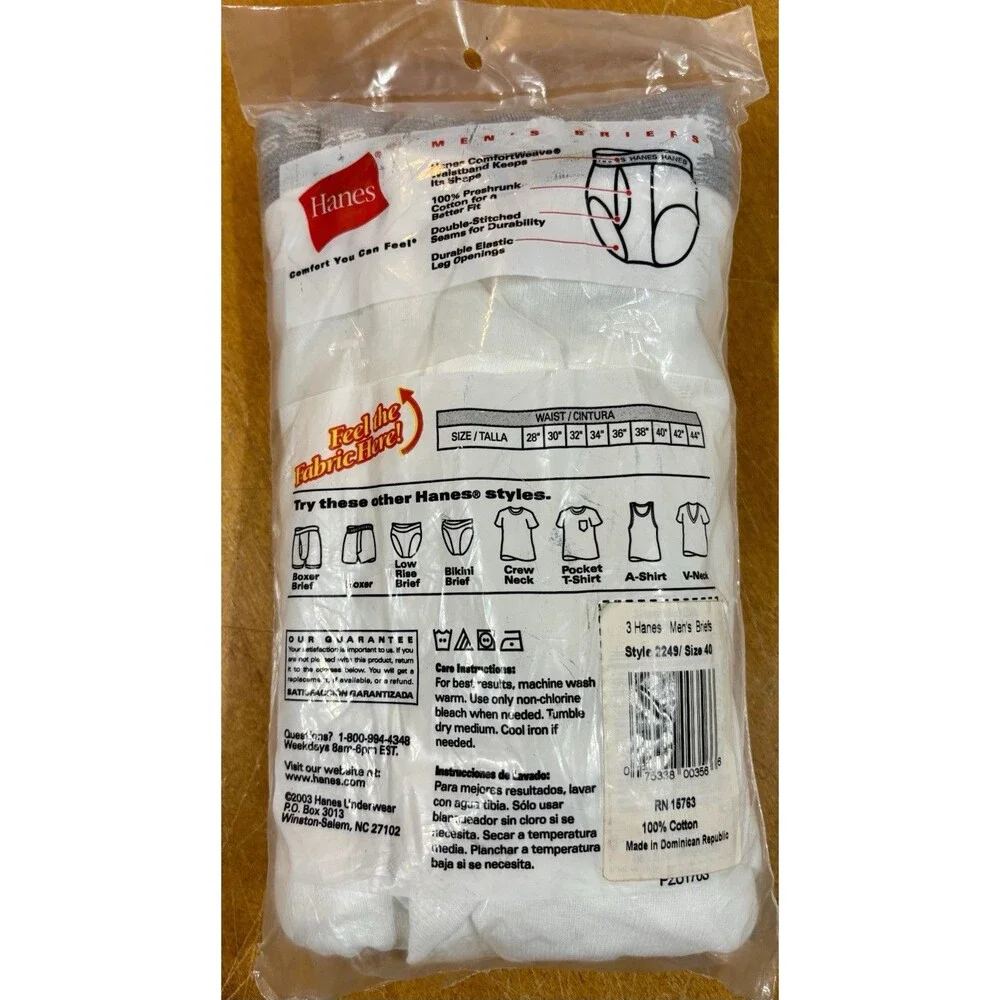New 2000's Vintage Hanes Men's Cotton Briefs 3 Pack Large 40 White/Gray Cotton